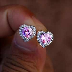 Heart Stud Earrings Copper Zirconia Halo Sparkling Delicate Jewelry For Women Sweet Romantic Style