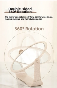 Detail of 360-degree rotating double-sided tabletop makeup mirror in beige wheat straw