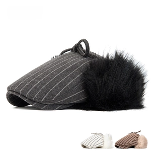 Winter striped newsboy cap with oversized faux fur earflaps and vintage gray wool fabric