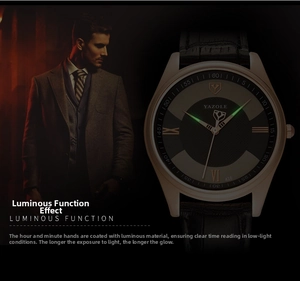 Luminous watch hands and rose gold dial details of the Yazole men's quartz timepiece