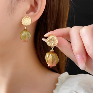 Vintage Handmade Real Dried Flower Rose Earrings With Silver Earring Post Elegant Romantic Jewelry For Women