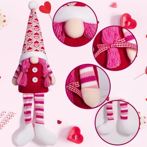 Detailed close-ups of Valentine's gnome features including heart patterns and striped legs