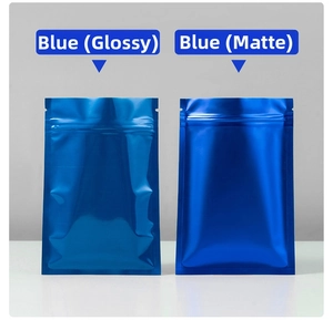 Detail of glossy and matte blue aluminum foil pouches with resealable zippers and tear notches