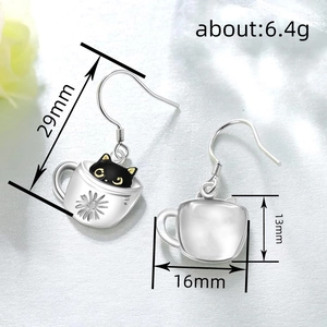Cute black cat in a daisy coffee cup drop earrings with specific size dimensions
