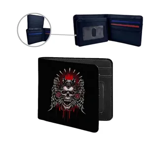 Men's bifold PU leather wallet featuring skull and rose print with multiple card slots