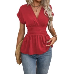 Women's red V-neck short sleeve top with pleated waist and ruffled hem details