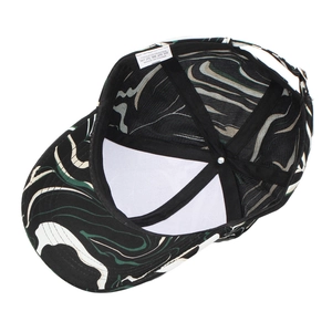Inside view of colorful marble striped baseball cap with black support strips and wash label