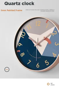Close-up of modern quartz wall clock with 5mm spray-painted frame and geometric dial