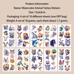 Dettaglio di 10 tatuaggi temporanei animali acquerello con dimensioni 12x6,8 cm