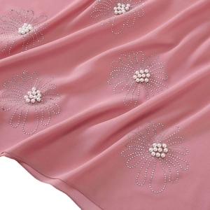 Pink chiffon hijab scarf featuring delicate pearl and rhinestone daisy flower patterns