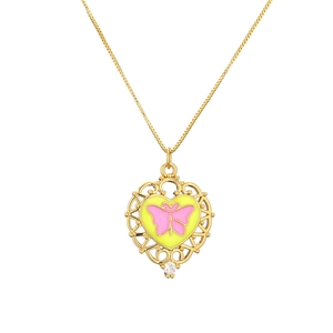 Golden heart necklace with pink butterfly pendant and lace edge on white background