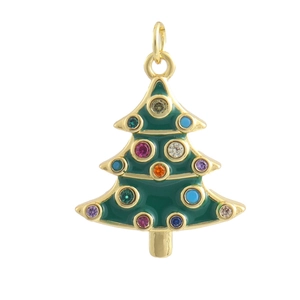 Détail d'un pendentif sapin de Noël en émail vert avec des zircons colorés