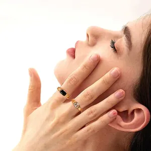 Minimalist titanium steel gold rings set with square black and white zircon stones