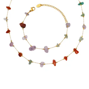 Natural Stone Necklace And Bracelet Titanium Steel 18K Gold Plated Colorful Irregular Chip Beads Forest Style Fashion Jewelry