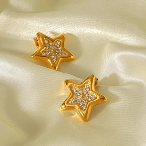 Detailed macro view of gold-plated star earrings with micro-set sparkling white zircons