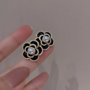 Camellia Flower Stud Earrings Alloy Black Enamel With 925 Sterling Silver Earring Post Imitation Artificial Pearl French Retro Women