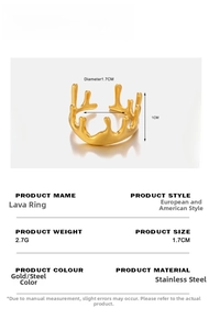 Detailed size specifications for the 18K gold-plated stainless steel lava ring with dimensions