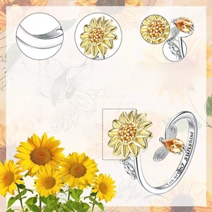 Detailed close-up of 925 sterling silver sunflower ring with You are my sunshine engraving