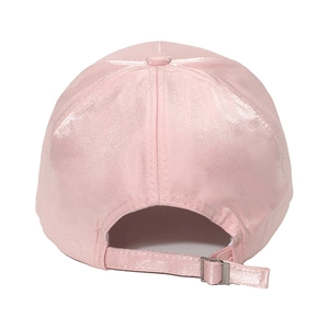 Rear view of pink satin baseball cap featuring adjustable silver metal buckle detail