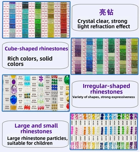 Detailed catalog showing diverse rhinestone shapes, sizes, and colors for diamond painting