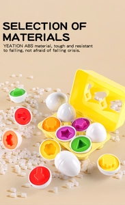 Detail of ABS matching egg toy set in a yellow tray focusing on shapes and colors