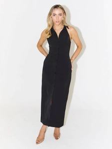 Elegant black halter neck maxi dress with front buttons and side slit for summer