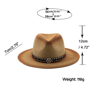 Detail view of straw sun hat showing dimensions, brown leather band and metal stud accents