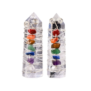 Natural crystal energy wand wrapped in silver wire with colorful chakra gemstones