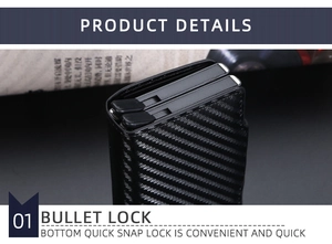 Detail view of carbon fiber RFID card holder with a bottom quick-release snap lock mechanism