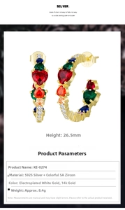 Macro detail of S925 silver C-shape earrings with multi-colored 5A heart zircons