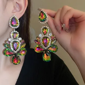 Elegant gold-plated drop earrings with multicolored crystals and pear-cut iridescent stones