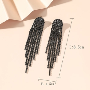 Detailed view of black rhinestone long tassel earrings with dimensions 8.5cm by 1.5cm