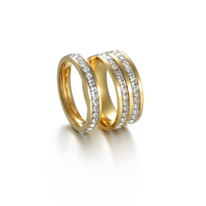 Detail of rose gold titanium steel rings with cubic zirconia pavé and square stones