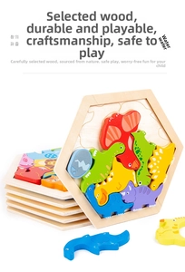 Macro detail of the hexagonal wooden dinosaur puzzle with vibrant colorful animal pieces