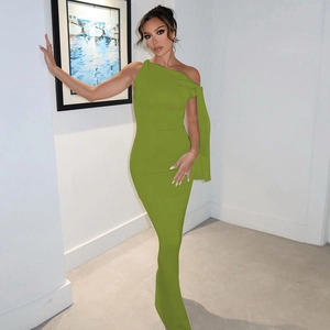 Elegant grass green one-shoulder maxi dress with a slim fit for summer evening wear