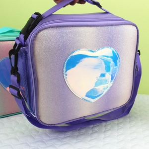 Purple glitter lunch bag with laser heart patch and adjustable shoulder strap for girls