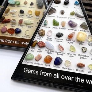 Educational set featuring 36 polished natural crystal and agate gemstone specimens in boxes