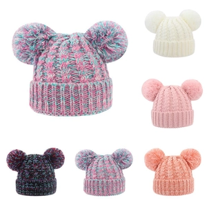 Kids Baby Knitted Beanie Hat With Pom Poms Winter Warm Acrylic Crochet Outdoor Cold Weather Headwear