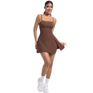 Women's brown athletic tennis dress with built-in padding and slimming A-line fit