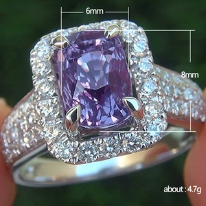 Double-layered 6x8mm purple cushion-cut zircon ring in silver finish with pavé stones