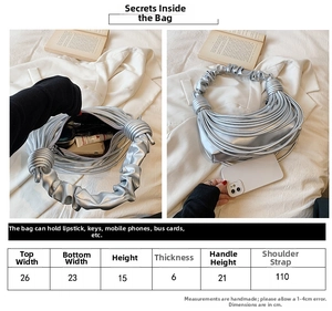 Size chart for ruched handbag showing dimensions and strap length for the shoulder bag