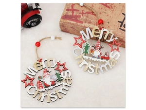 Detail of wooden Christmas gnome ornament with red beads and Merry Christmas cutout