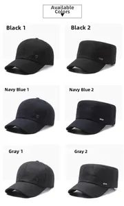 Grid view of cotton baseball caps and flat top military hats in black, navy, and grey