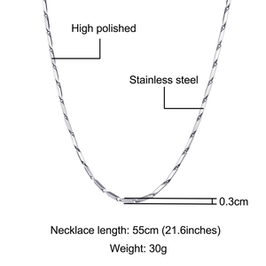 Close-up of a 0.3cm high polished stainless steel chain necklace with technical specs