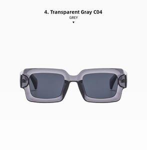 Front view of transparent grey square frame sunglasses with dark lenses and modern design