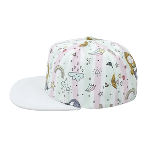 Close-up of kids flat brim baseball cap with cartoon mermaid print and striped crown