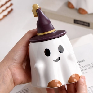 Creative Halloween ghost ceramic mug with a purple wizard hat lid for coffee and milk