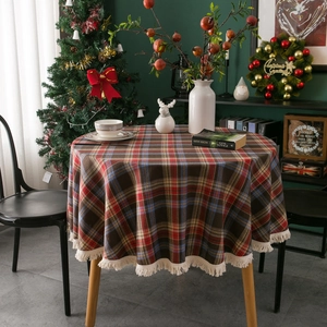 British style round plaid tablecloth with red blue brown patterns and beige tassel edges