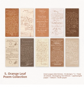 Macro view of vintage calligraphy paper pack in kraft and vellum for scrapbooking