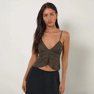 Deep olive green V-neck camisole with pleated texture and slim fit cropped design